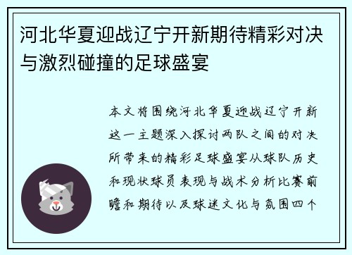 河北华夏迎战辽宁开新期待精彩对决与激烈碰撞的足球盛宴
